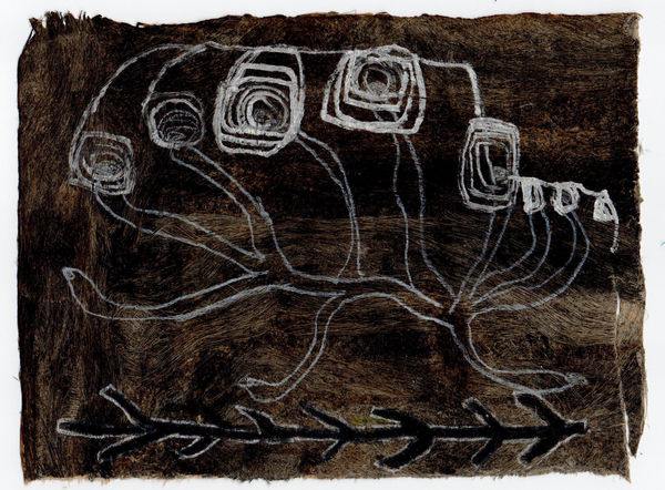 Gosia Walton I want to be a tree 17, 2025 Ink, coloured pencils, gouache on Amate bark paper, mounted on black foam board 15 x 20 cm