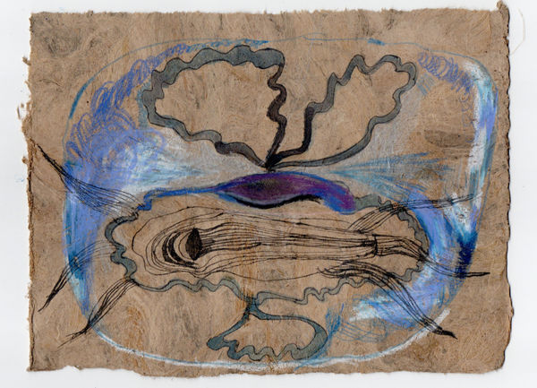 Gosia Walton I want to be a tree 14, 2025 Ink, coloured pencils, gouache on Amate bark paper, mounted on black foam board 15 x 20 cm