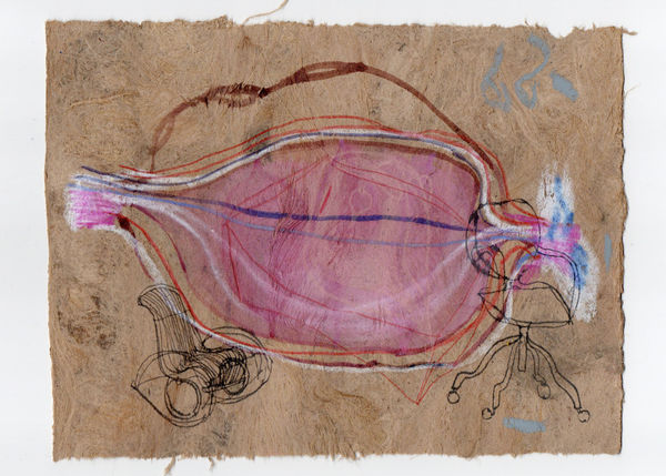 Gosia Walton I want to be a tree 11, 2025 Ink, coloured pencils, gouache on Amate bark paper, mounted on black foam board 15 x 20 cm