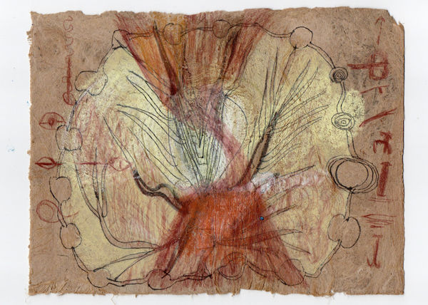 Gosia Walton I want to be a tree 10, 2025 Ink, coloured pencils, gouache on Amate bark paper, mounted on black foam board 15 x 20 cm