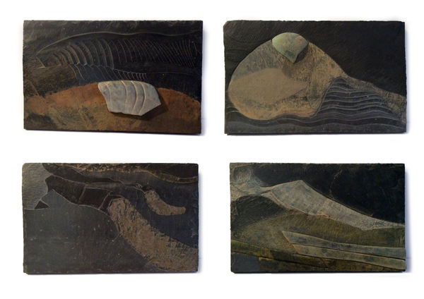 Frances Pelly RSA Orkney Landscapes (Montgomery's Barley, Gairsay, Gloup, Floating Field), 2024 Carved slate pigmented with egg tempera, local clays and charcoal 45 x 25 x 7.5 cm