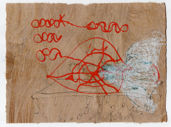 Gosia Walton I want to be a tree 4, 2025 Ink, coloured pencils, gouache on Amate bark paper, mounted on black foam board 15 x 20 cm