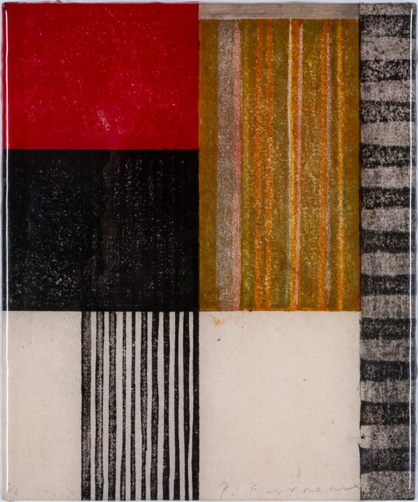 Paul Furneaux RSA Red Rain Mokuhanga on panel with resin 23 x 19 cm