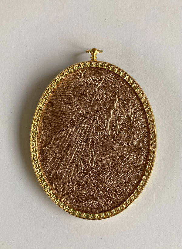 Derrick Guild RSA Hydra after Dürer Embossed and spray painted paper in gold plate frames 13.5 x 9 cm