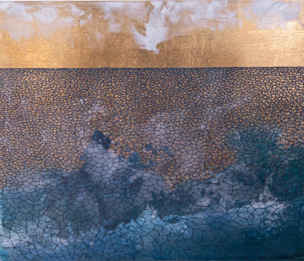 Samantha Clark Perpetual Light, 2024 Acrylic, mica and brass leaf on cradled board 51 x 61 cm