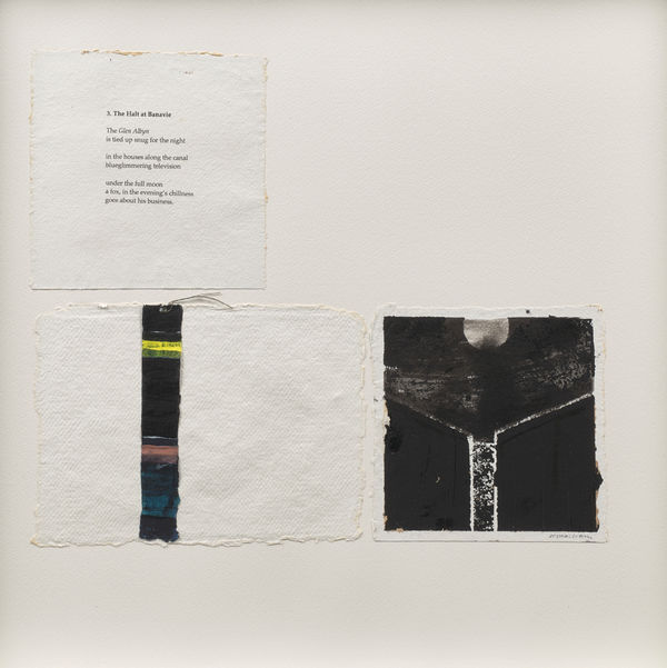 Will Maclean RSA and Kenneth White HRSA The Island Road. Poem in 7 Parts by Kenneth White; 3. The Halt at Benavie, 2013 watercolour and acrylic on paper, and digitally printed text by Kenneth White HRSA [x 7 frames] 15 x 16 cm (text support); 15.5 x 21.5 cm (bl image support); 15.5 x 15.5 cm (br image support)