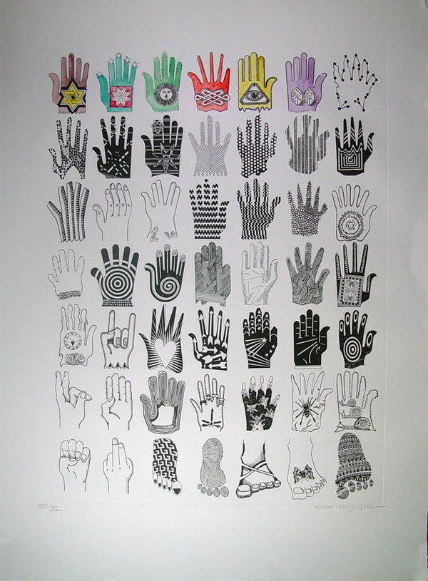 Pedro Friedeberg Manitas / Hands, 2006 Etching XII/XL, and hand watercolor by the artist. 34.3 x 27" 87 x 68.6 cm