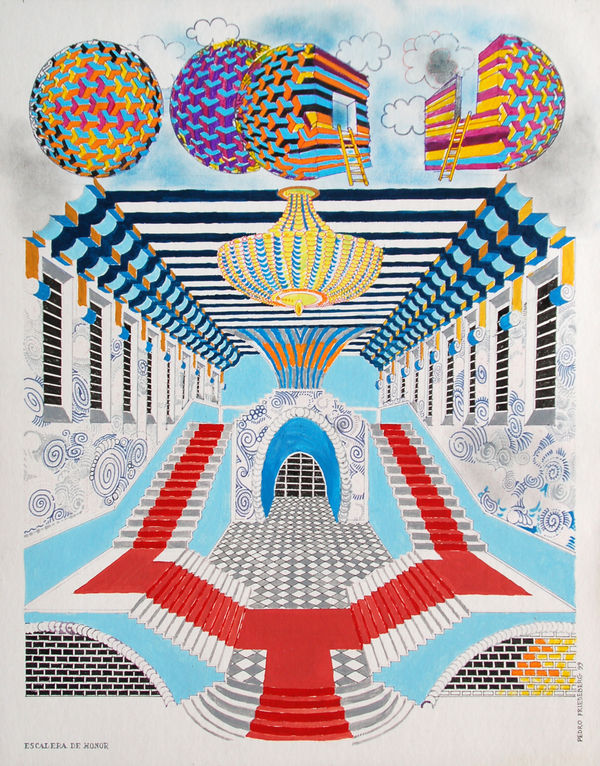 Pedro Friedeberg Escalera de Honor, 1999 Acrylic, ink and watercolor on museum board 19.9 x 15.9" 50.5 x 40.4 cm