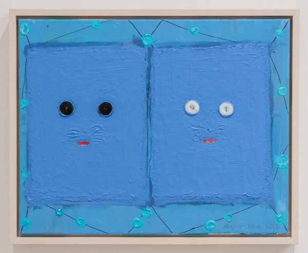 Alejandro Diaz Blue Double Kitty, 2018 Acrylic, fiber paste, plastic buttons on canvas 16 x 20 in 40.6 x 50.8 cm