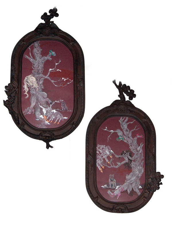 Amelia Biewald Two Little Girls from Little Rock, 2006 Diptych. Graphite and gouache on paper, wood, resin and aluminum 14 x 19" 35.6 x 48.3 cm