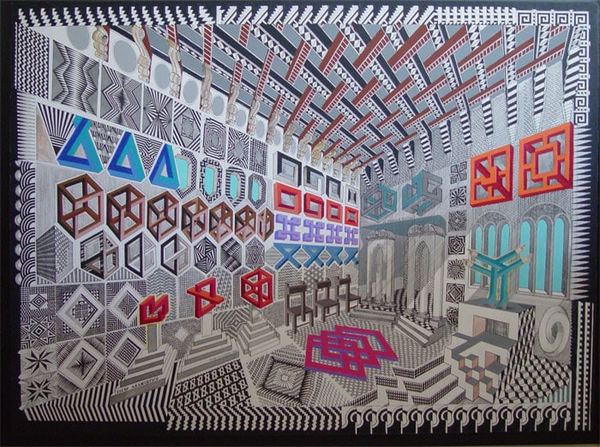 Pedro Friedeberg Salón 22 de Museo Anamórfico, 1998 Acrylic, ink, and pastel on canvas 30.5 x 39.5" 77.5 x 100.3 cm