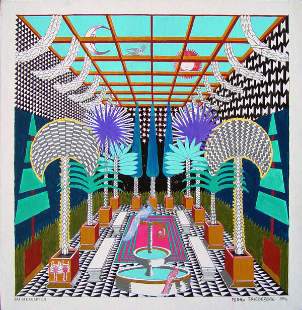 Pedro Friedeberg Palmengarten, 1994 Acrylic, ink, pastel and stamps on museum board 16 x 16" 40.6 x 40.6 cm