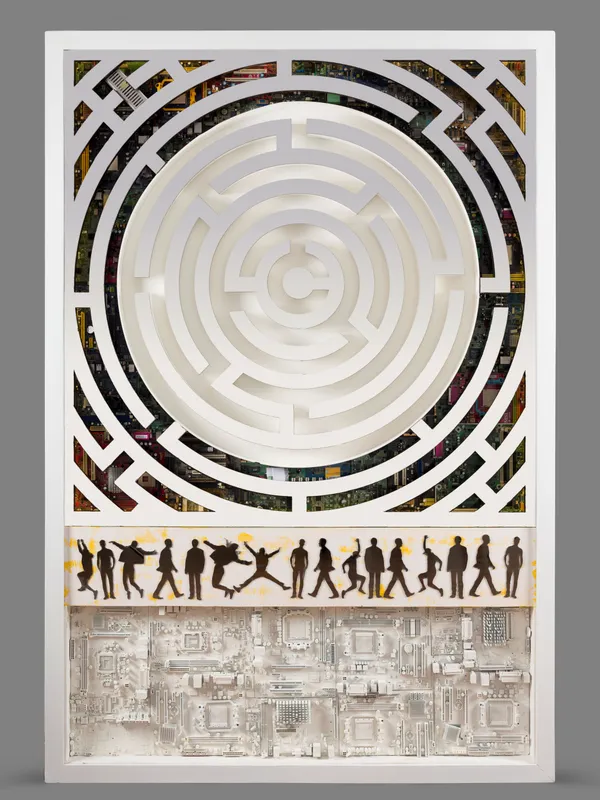 Rakesh Patel Untitled 2 Stainless steel mirror, circuits, LED light with sensor and enamel on wood 72 x 48 inches (183 x 122 cms)