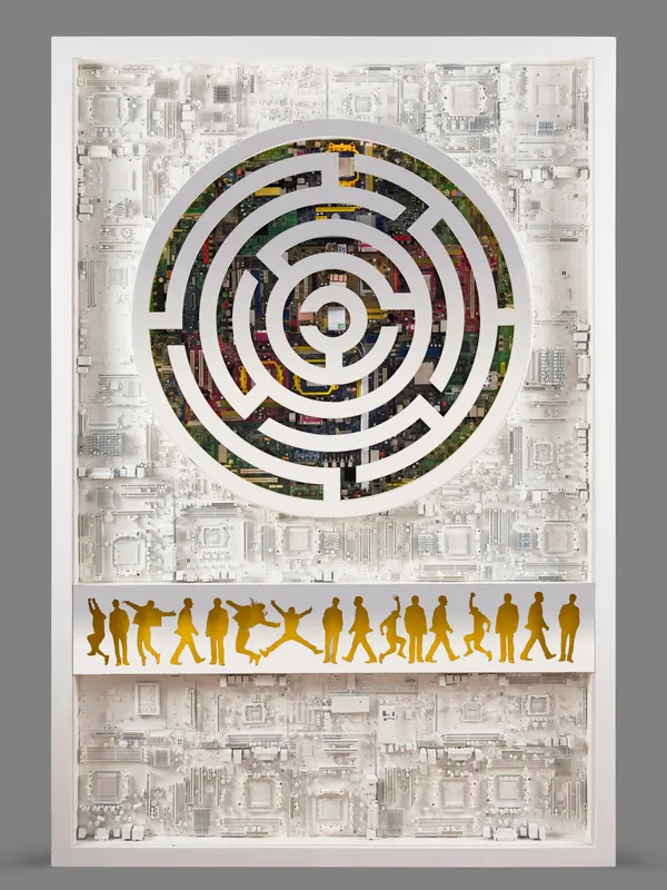 Rakesh Patel Untitled 1 Stainless steel mirror, circuits, LED light with sensor and enamel on wood 72 x 48 inches (183 x 122 cms)