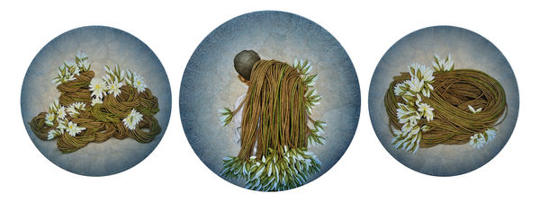 Gulab Kapadiya Untitled Watercolour on rice paper on canvas and plywood 36 x 96 inches (91 x 244 cms) - diameter of 30, 36, 30 inches each (73, 91, 73 cms)