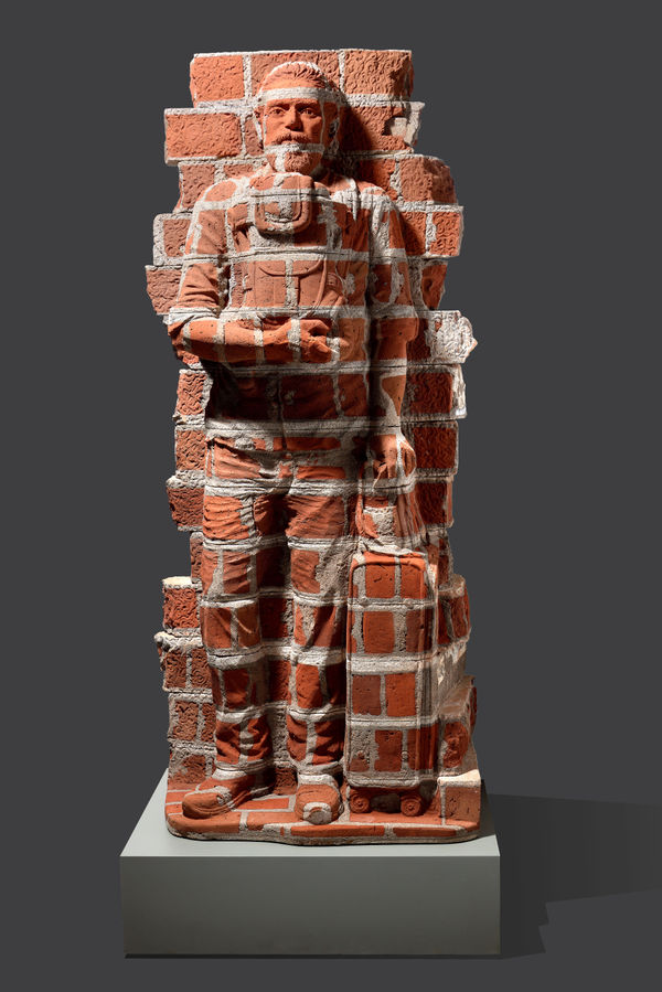 Girjesh Kumar Singh In-Transit (standing man) Brick and mortar from demolished constructions 88 x 36 x 27 inches (223 x 92 x 69 cms)