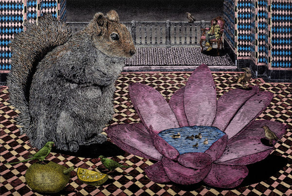 Prathap Modi Floating balconies Wood Engraving, oil colour Inlay on wood 48 x 72 inches (123 x 183 cms)