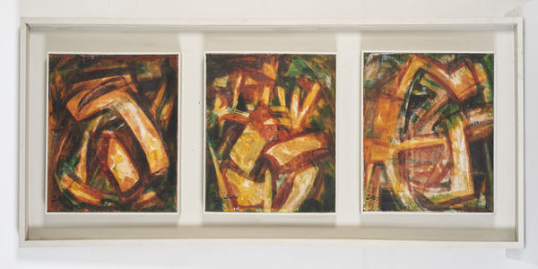 Mohamed Ismail Abstract Triptych II, 1991 oil on wood 58 x 152cm signed & dated