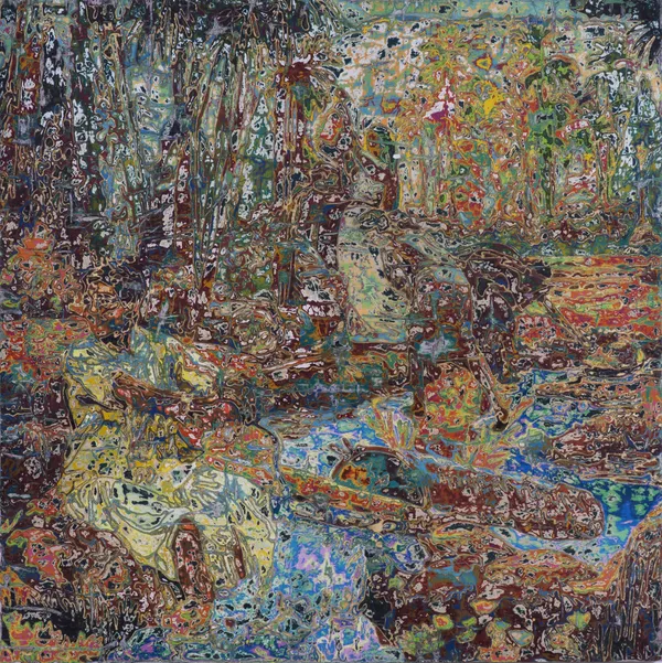 Ibrahim Khatab Riverside Reverie, 2026 mixed media on wood 150 x 150cm signed & dated