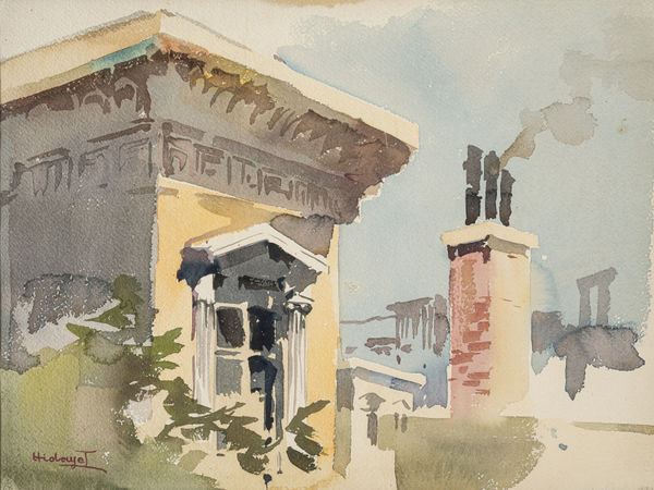 Hidayet Chiraz Grecian Balcony (double face) watercolor on paper 25 x 35cm signed