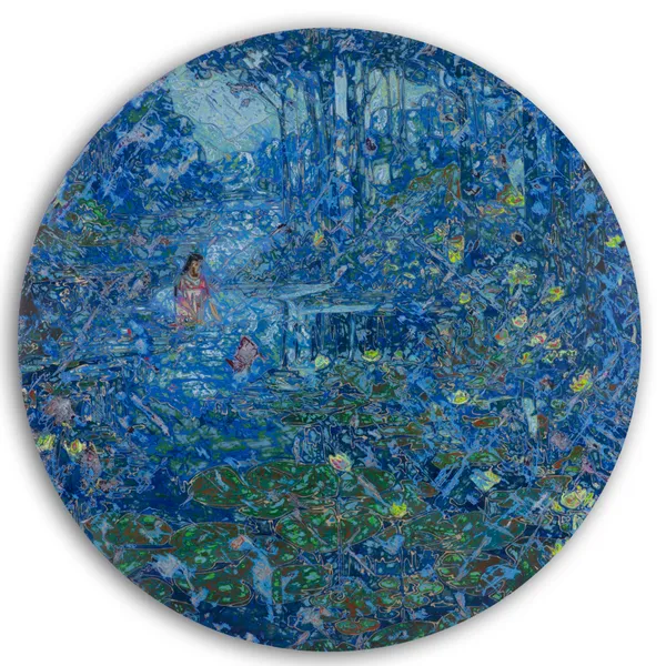 Ibrahim Khatab Waters of Eden, 2026 mixed media on wood 150cm (diameter) signed & dated