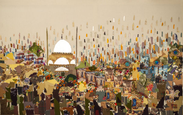 Neama El Sanhoury The Citadel II, 2023 fabric appliqué on linen 125 x 200cm signed & dated