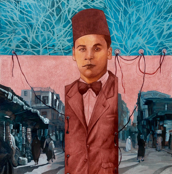 Ahmed Saber Naguib Mahfouz, 2022 acrylic, ink & colored pencil on paper 30 x 30cm signed & dated