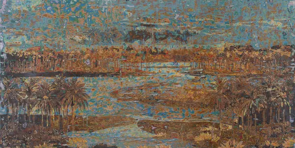 Ibrahim Khatab Wetlands, 2026 mixed media on wood 150 x 300cm signed & dated
