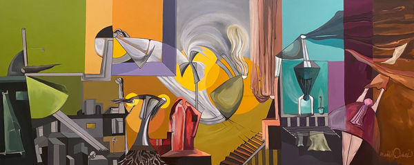 Tasneem El Meshad Windmills of Life, 2024 acrylic on canvas 80 x 200cm signed & dated