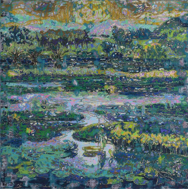 Ibrahim Khatab Emerald Floodplain, 2026 mixed media on wood 150 x 150cm signed & dated