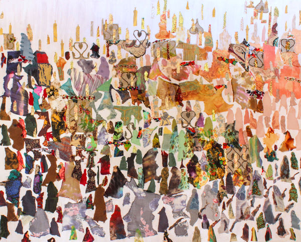 Neama El Sanhoury Fabric of Society I, 2021 fabric collage on cotton mesh on wood 120 x 150cm signed & dated