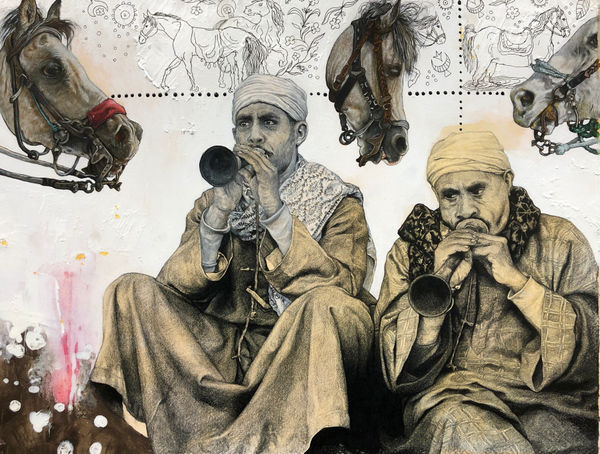 Ahmed Saber Folk Pipers, 2024 ink & black pen on paper 28 x 37cm signed & dated