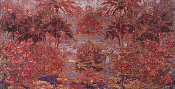 Ibrahim Khatab River After Fire, 2026 mixed media on wood 150 x 300cm signed & dated