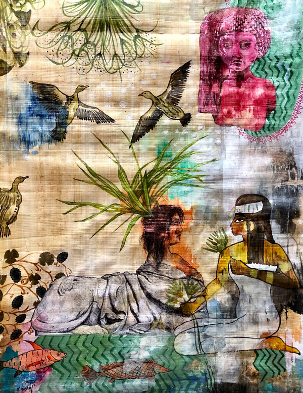 Ahmed Saber Hymn of Osiris I, 2022 ink on papyrus 55 x 40cm signed & dated