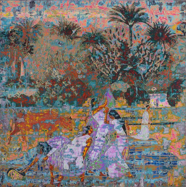 Ibrahim Khatab Ceremony at the Water's Edge, 2026 mixed media on wood 150 x 150cm signed & dated