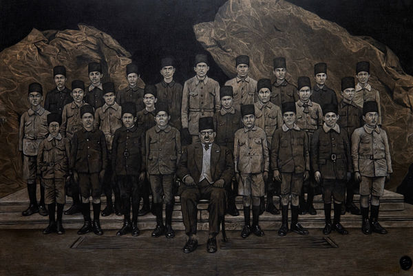 Ahmed Saber The Graduates, 2024 ink & black pen on wood 70 x 100cm signed & dated