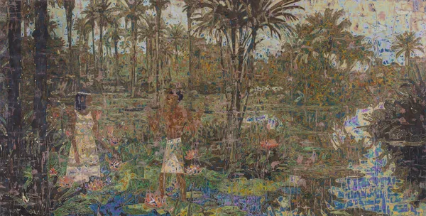 Ibrahim Khatab Tryst, 2026 mixed media on wood 150 x 300cm signed & dated