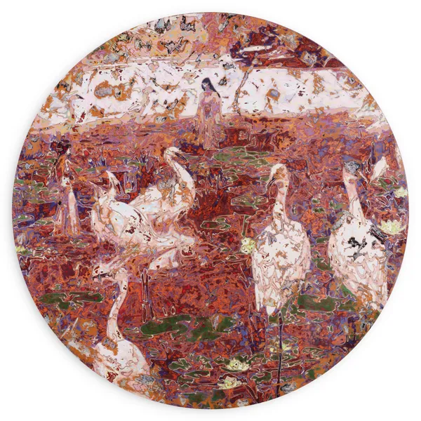 Ibrahim Khatab Egrets, 2026 mixed media on wood 150cm (diameter) signed & dated