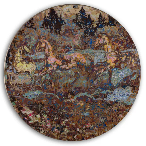 Ibrahim Khatab Galloping Horses, 2026 mixed media on wood 150cm (diameter) signed & dated