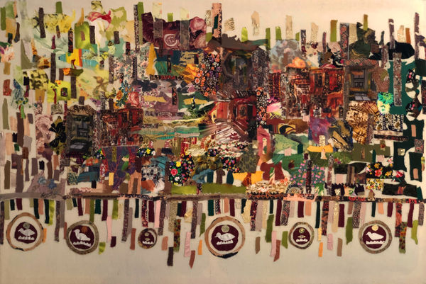 Neama El Sanhoury Shining City, 2023 fabric appliqué on linen 130 x 190cm signed & dated
