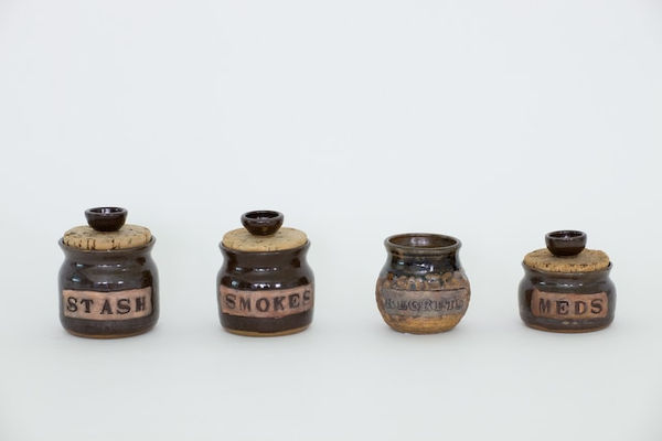 Josephine Cachemaille Storage jars - no regrets, 2010 Modelling clay, paint, glue, found ceramic jars and cork