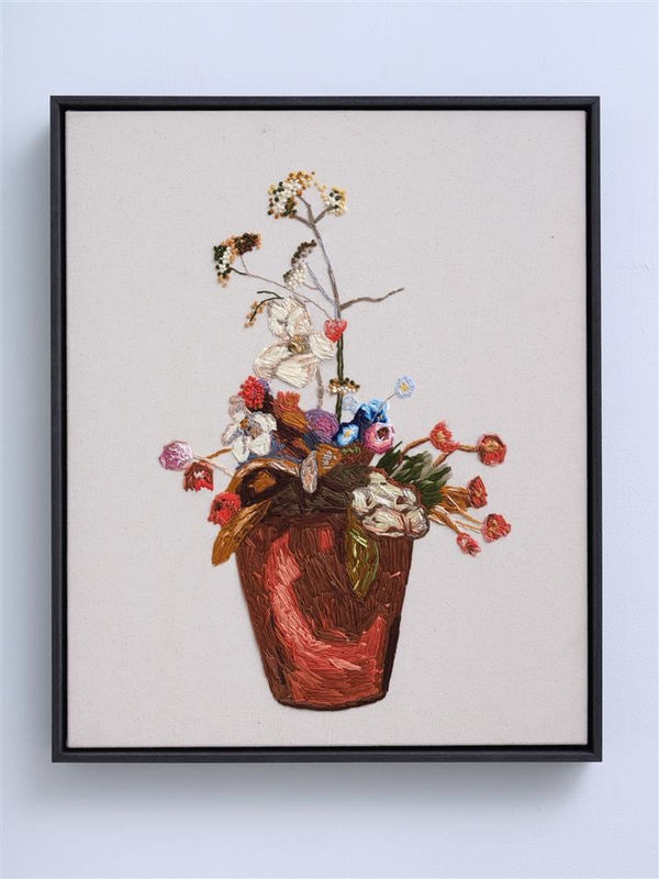 Molly Timmins Vase of Flowers After Frances Hodgkins, 2021 Embroidery on canvas 575 x 475 mm