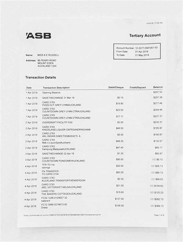 Kate Russell Bank Statement July 2019 inkjet print 29.7 x 21.0 cm