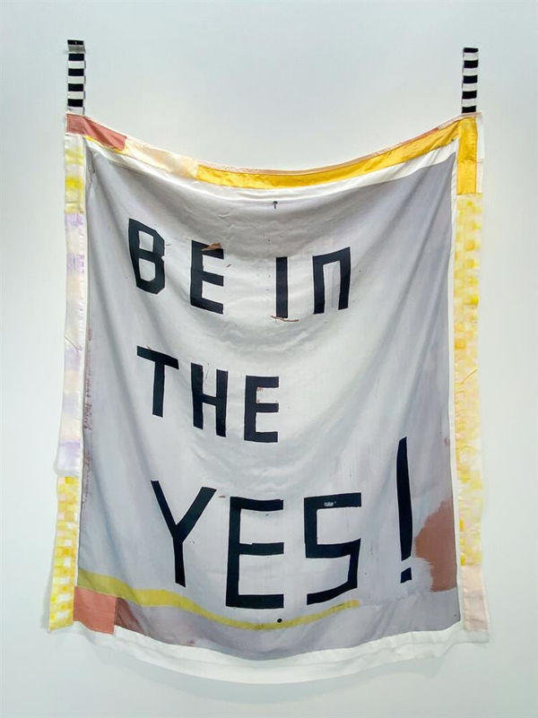 Josephine Cachemaille Be In The Yes, 2023 painted, dyed, and digitally printed silk, calico, thread, metal stands 152.0 x 114.0 cm