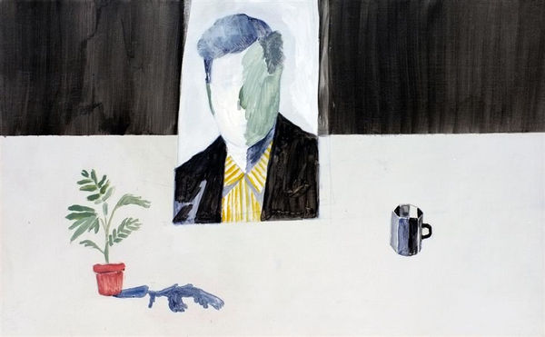 Alan Ibell Portrait with Plant and Vessel, 2015 acrylic and graphite on plywood panels 25.0 x 40.5 cm