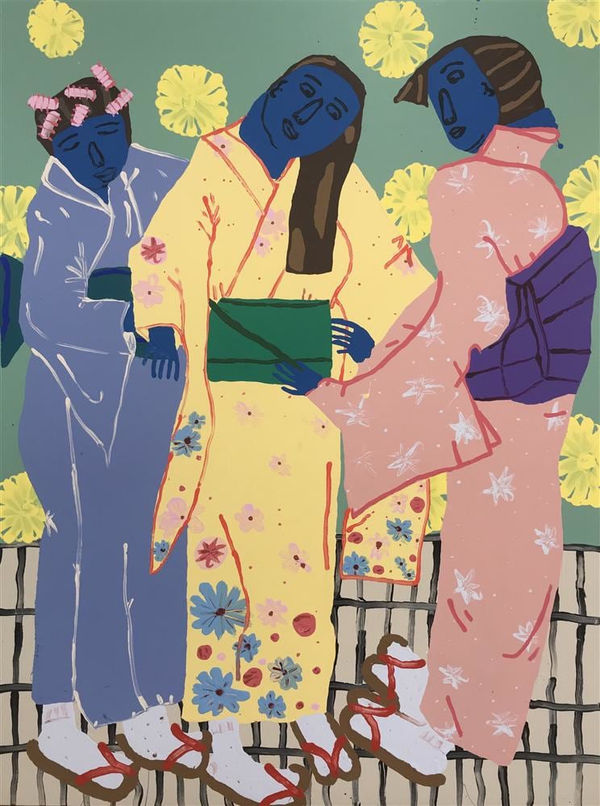 Claudia Kogachi Obachan and mom helping me tie the obi to my kimono, 2019 acrylic on canvas 160.0 x 120.0 cm
