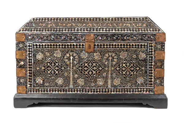 An Indo-Portuguese large mother-of-pearl and mastic Gujarati chest, India, Gujarat; second half of the 16th century teak, black mastic, mother-of-pearl and shellac; gilt copper fittings 39.0 × 64.0 × 37.5 cm
