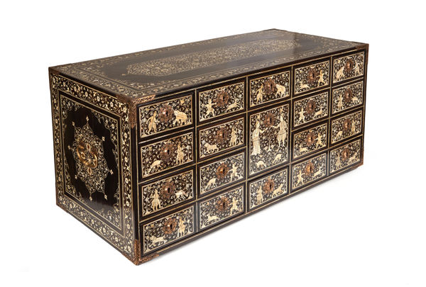 A Large Cabinet with Portuguese Nobles and Hunting Scenes, India, Gujarat; late 16th century