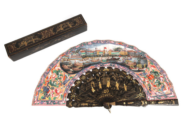 Leque mandarim, China, séc. XIX, Periodo Daoguang (1848-1849) papel guache, madeira, laca e ouro ⌀ 56.0 cm