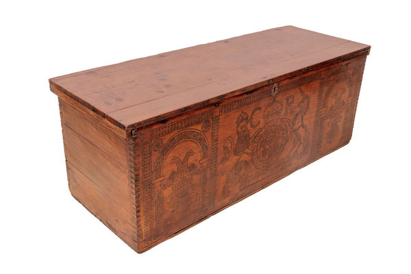 A King Charles I of England Royal Arms engraved chest, Northern Italy; 2nd quarter of the 17th century cypress wood 60.0 × 163.5 × 58.5 cm with the royal coat of arms of England, Ireland and Scotland (arms used between 1603 and 1707); the crowned monogram of two letters C and R indicates Carolus Rex (King Charles) and attests to having belonged to King Charles I of England.